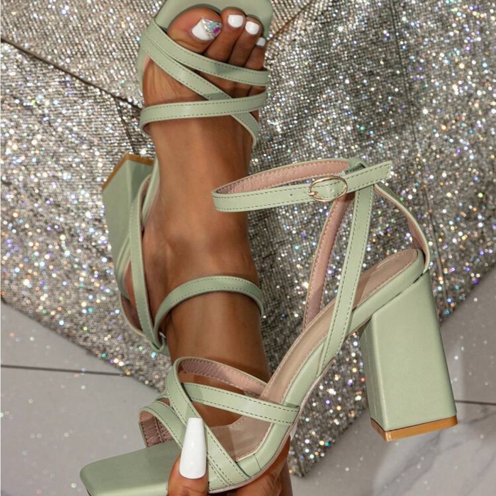 Women's High Heel Sandals, Mint Green, Chunky Heel, Square Toe, Evening High Hee